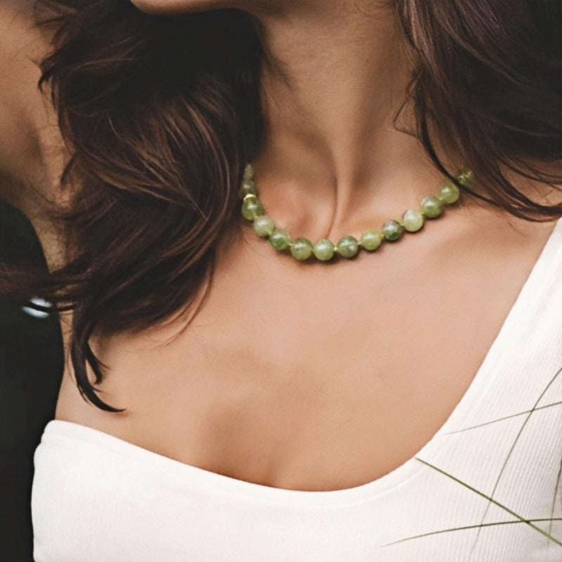 Green Natural Stone Round Beaded Necklace