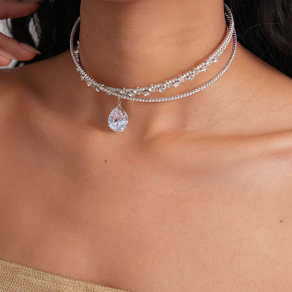 Zircon Rhinestone Waterdrop Crisscross Double Layer Necklace