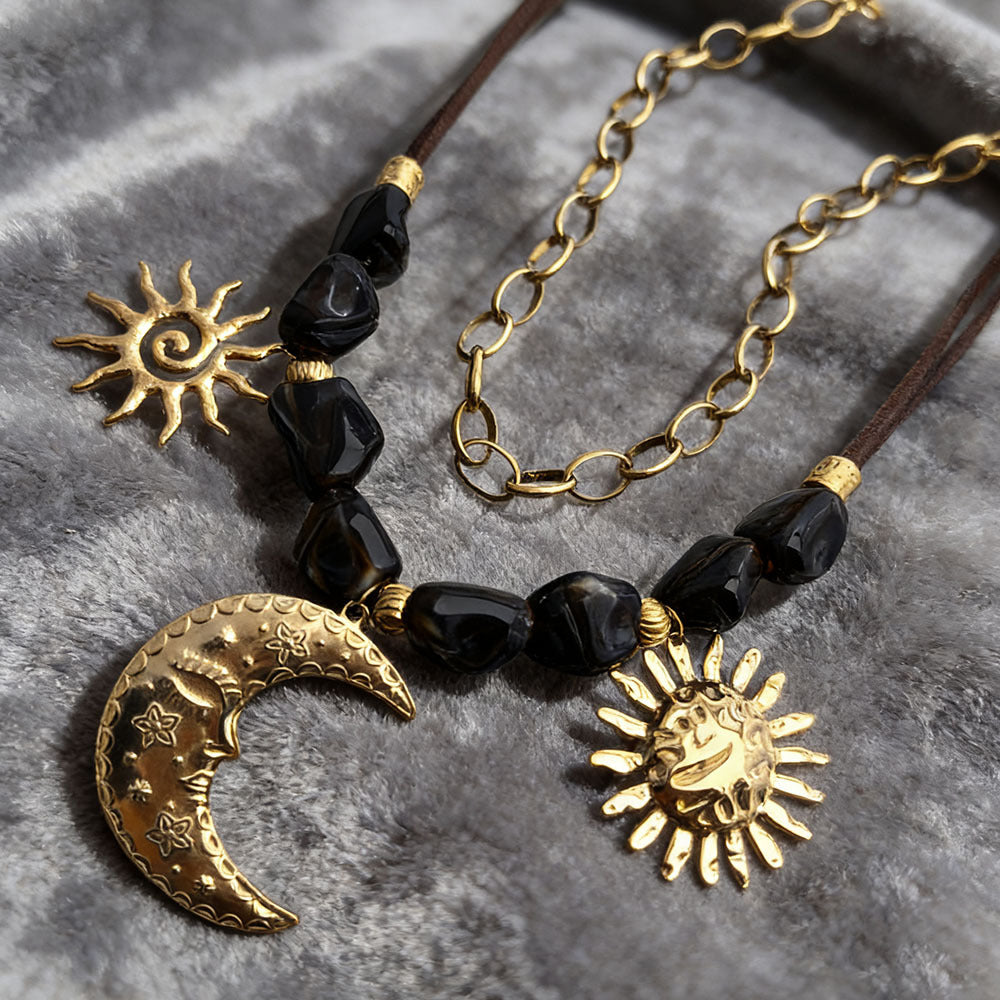 Sun Moon Stainless Steel Resin Beaded Necklace
