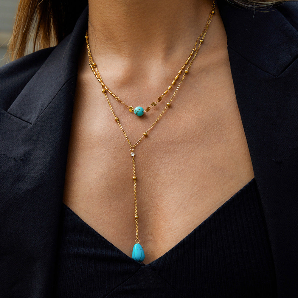 Titanium Blue Turquoise Double Layer Y-Shaped Necklace