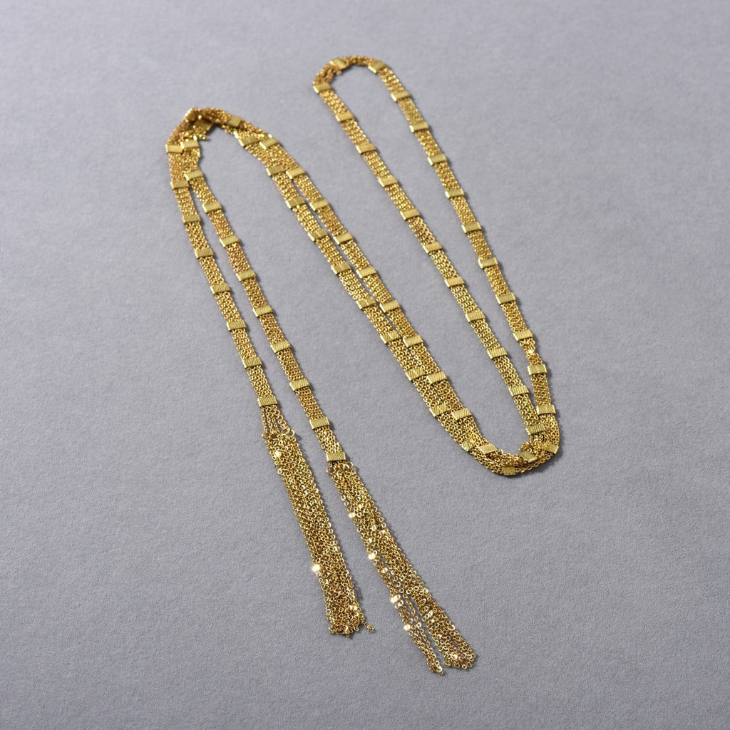 Gold Square Tassel Long Layered Necklace