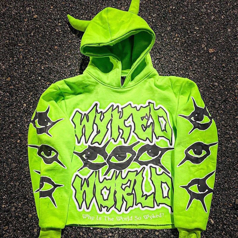 Y2K Street Print Devil Horn Hoodie