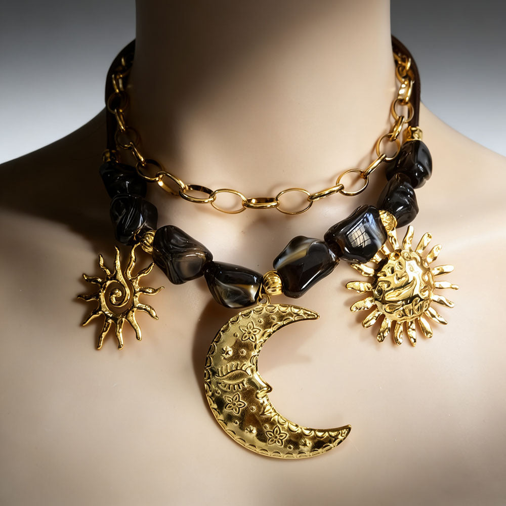 Sun Moon Stainless Steel Resin Beaded Necklace