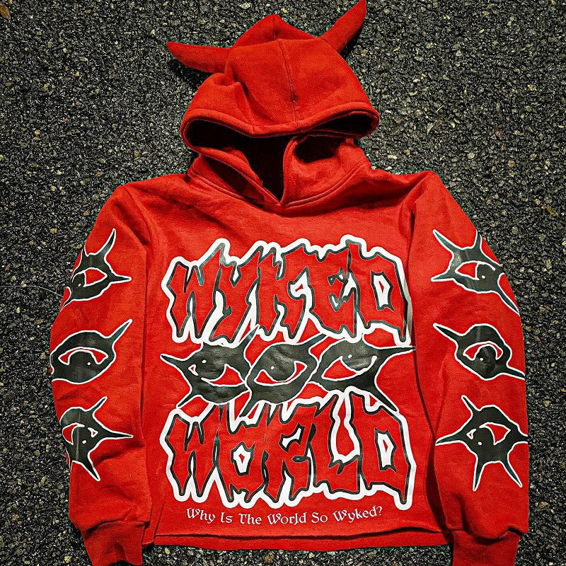 Y2K Street Print Devil Horn Hoodie
