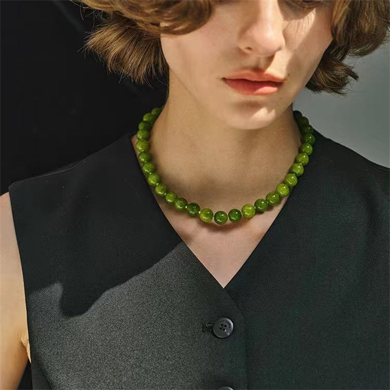Green Natural Stone Round Beaded Necklace