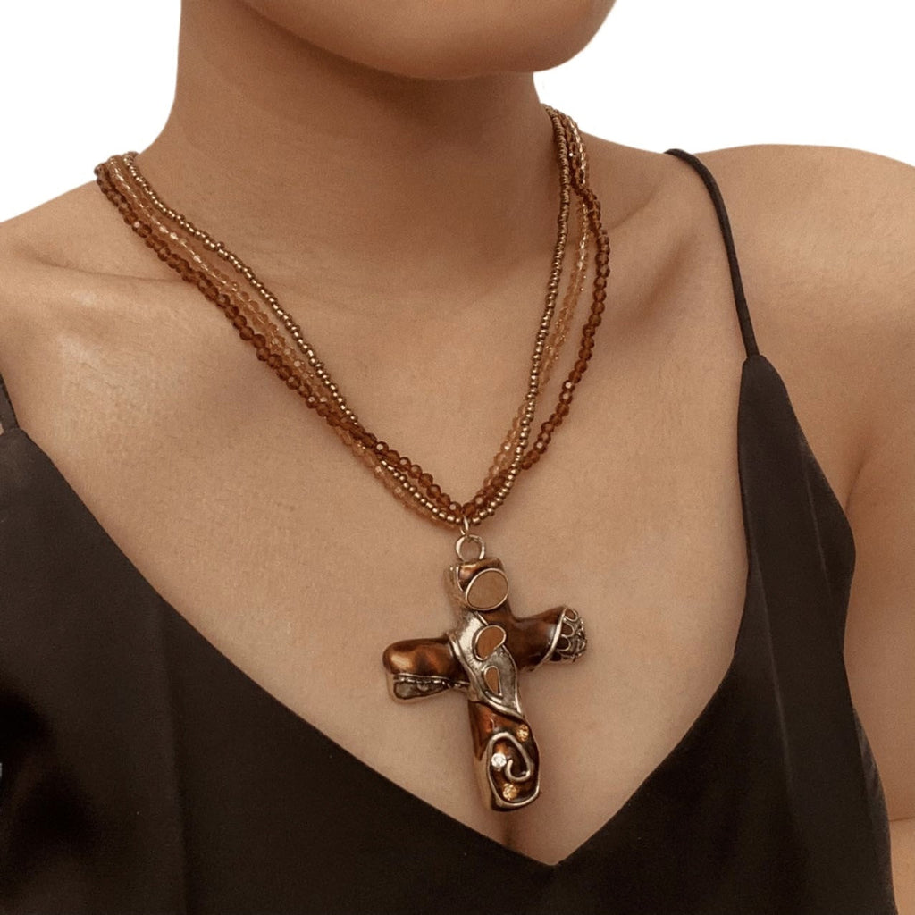 Gothic Cross Multi Layer Beaded Necklace