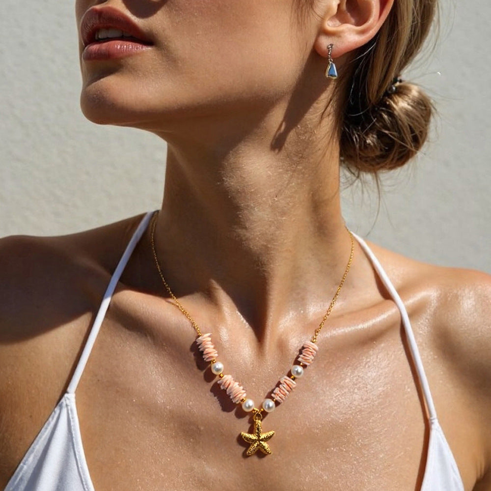 Stainless Steel Natural Stone Pearl Starfish Sun Necklace