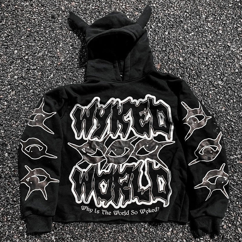 Y2K Street Print Devil Horn Hoodie