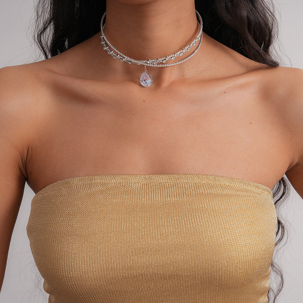 Zircon Rhinestone Waterdrop Crisscross Double Layer Necklace