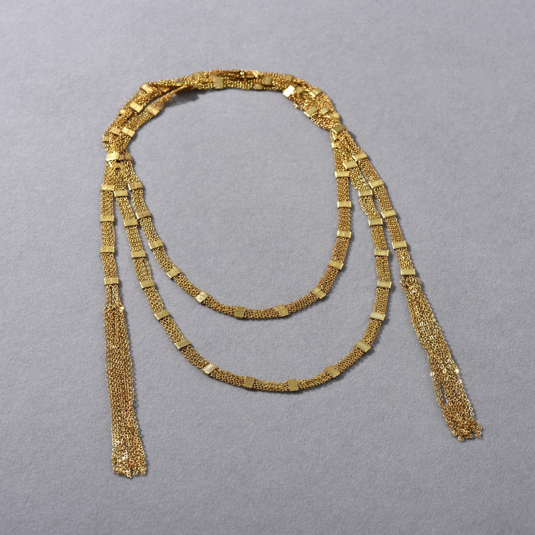 Gold Square Tassel Long Layered Necklace