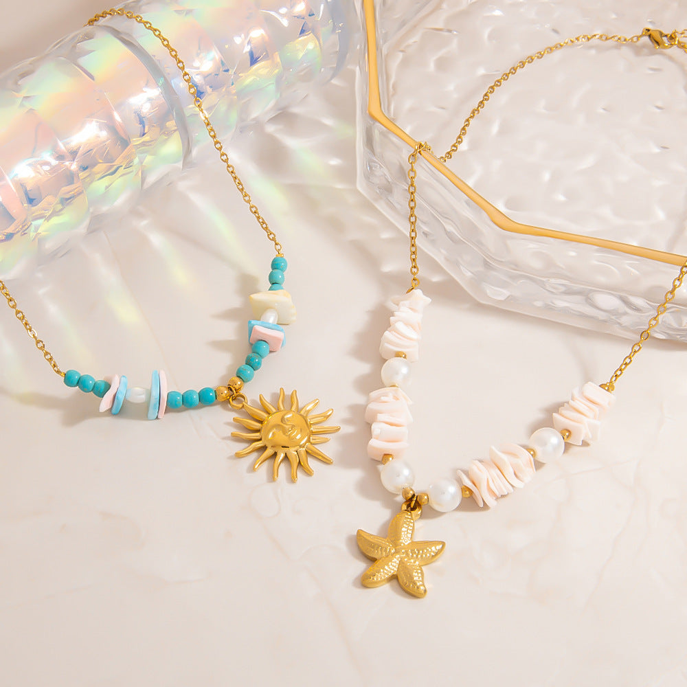 Stainless Steel Natural Stone Pearl Starfish Sun Necklace