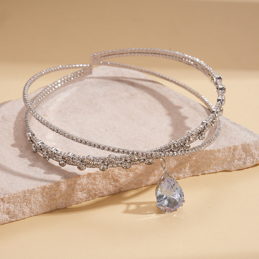 Zircon Rhinestone Waterdrop Crisscross Double Layer Necklace