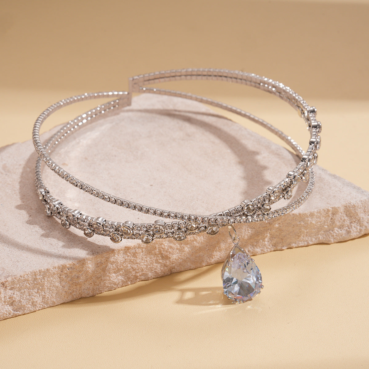Zircon Rhinestone Waterdrop Crisscross Double Layer Necklace