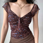 Ruched Floral V Neck Slim Blouse
