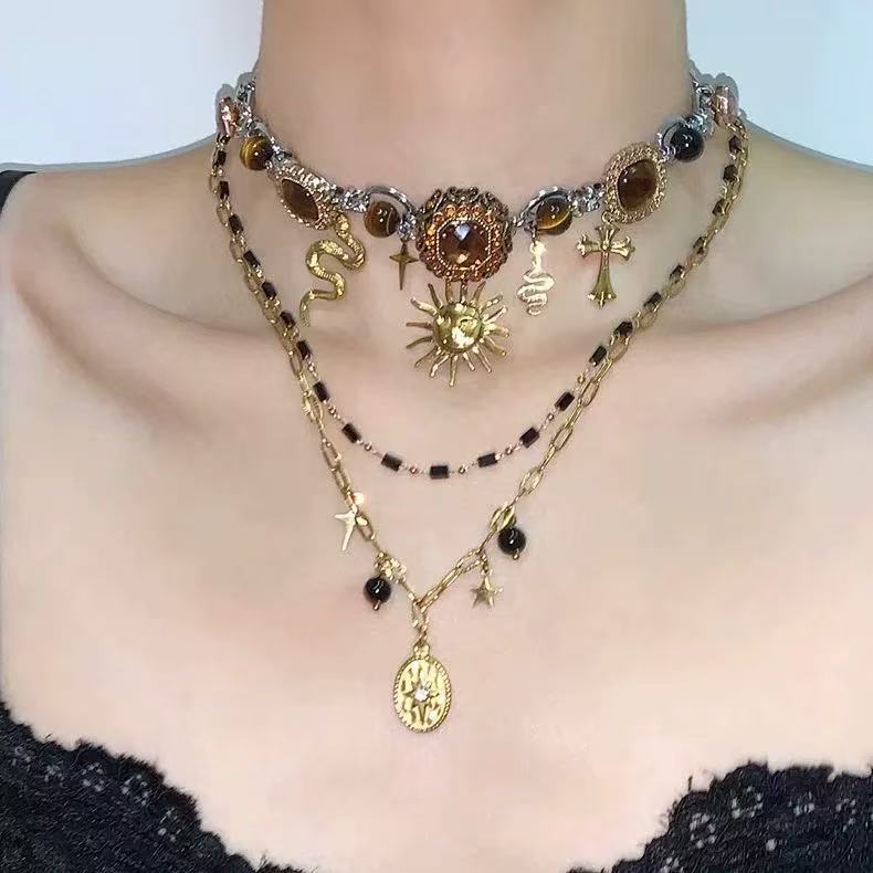 Double Layer Sunflower Cross Snake Necklace