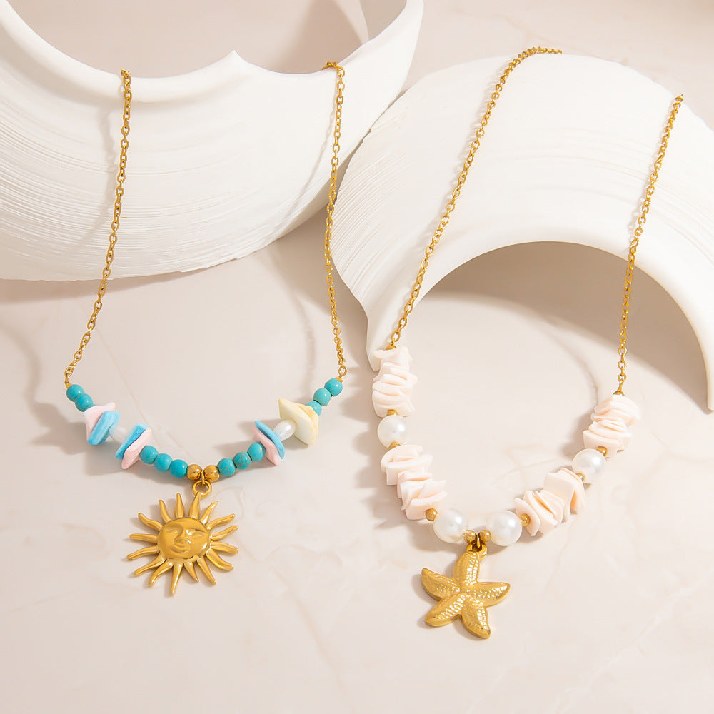 Stainless Steel Natural Stone Pearl Starfish Sun Necklace