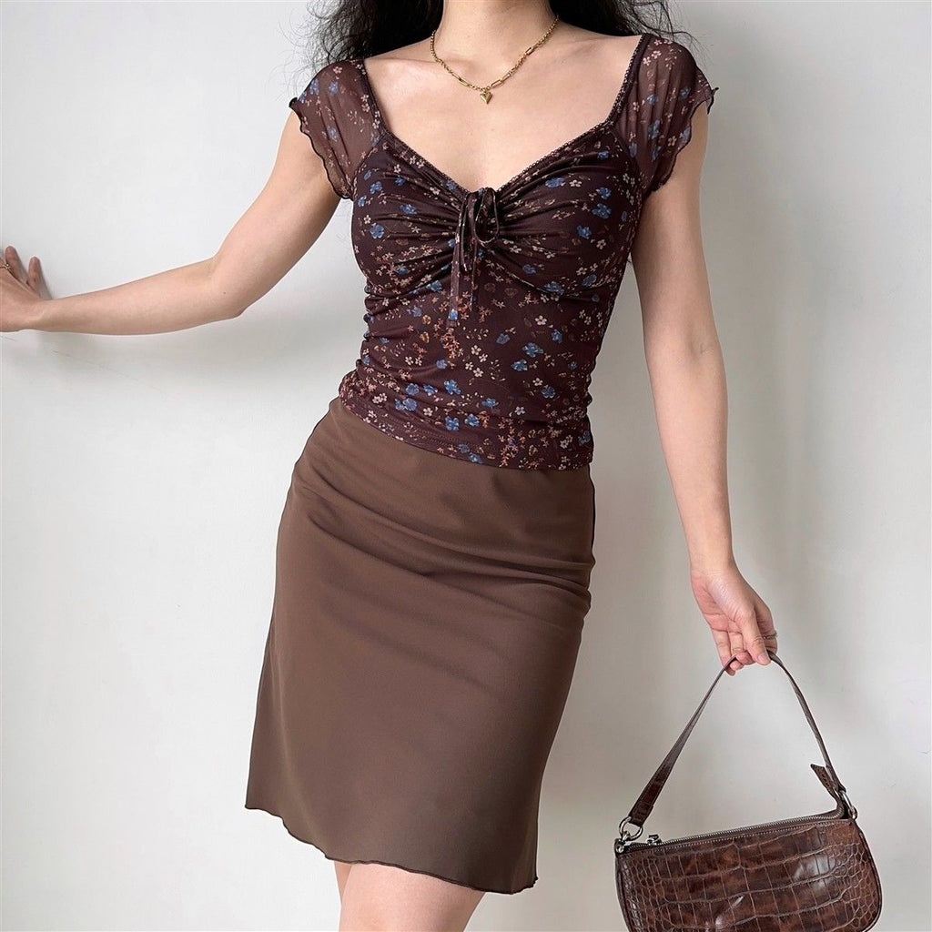 Ruched Floral V Neck Slim Blouse