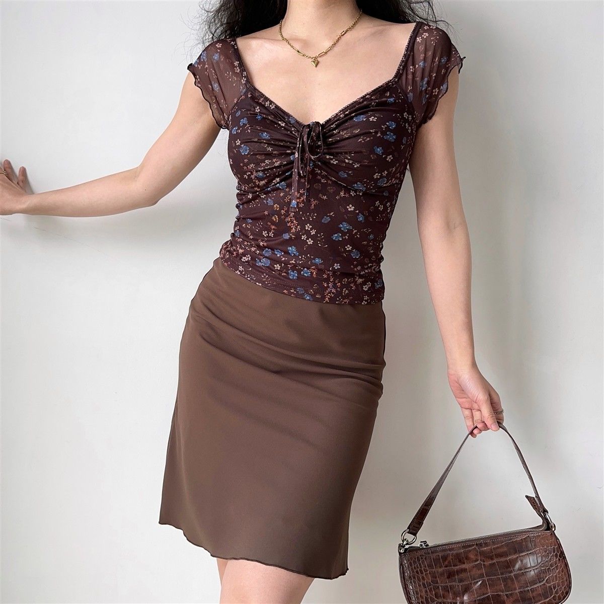 Ruched Floral V Neck Slim Blouse