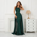 Green Off Shoulder Tassel Sequin Evening Dress Cross Back Party