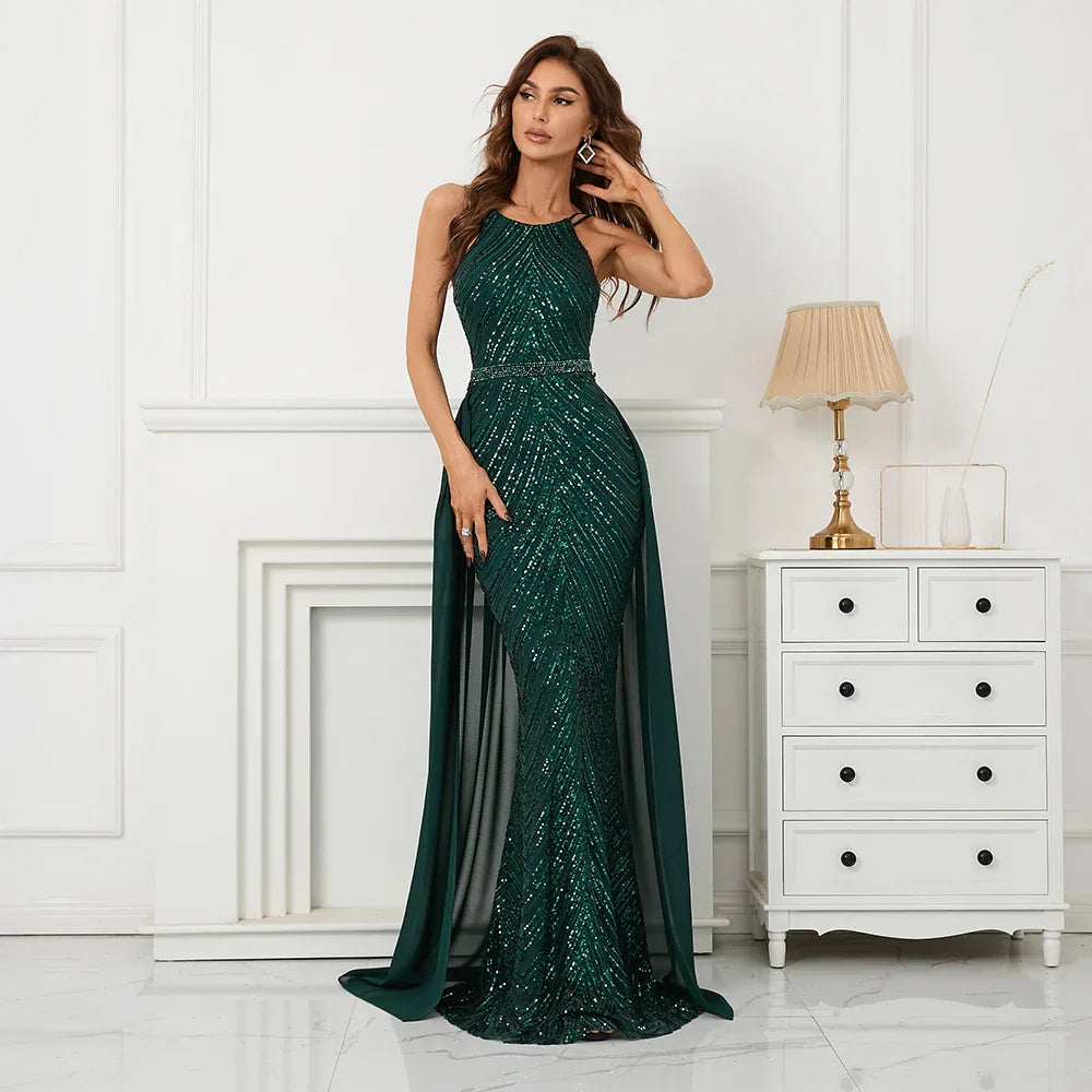 Green Off Shoulder Tassel Sequin Evening Dress Cross Back Party