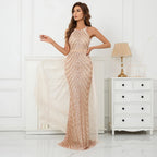 Green Off Shoulder Tassel Sequin Evening Dress Cross Back Party