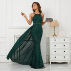 Green Off Shoulder Tassel Sequin Evening Dress Cross Back Party
