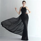 Green Off Shoulder Tassel Sequin Evening Dress Cross Back Party