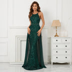 Green Off Shoulder Tassel Sequin Evening Dress Cross Back Party