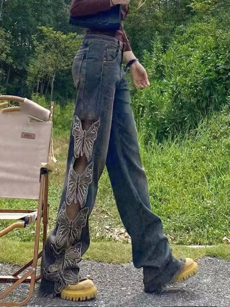 Vintage Butterfly Hollow Out Jeans