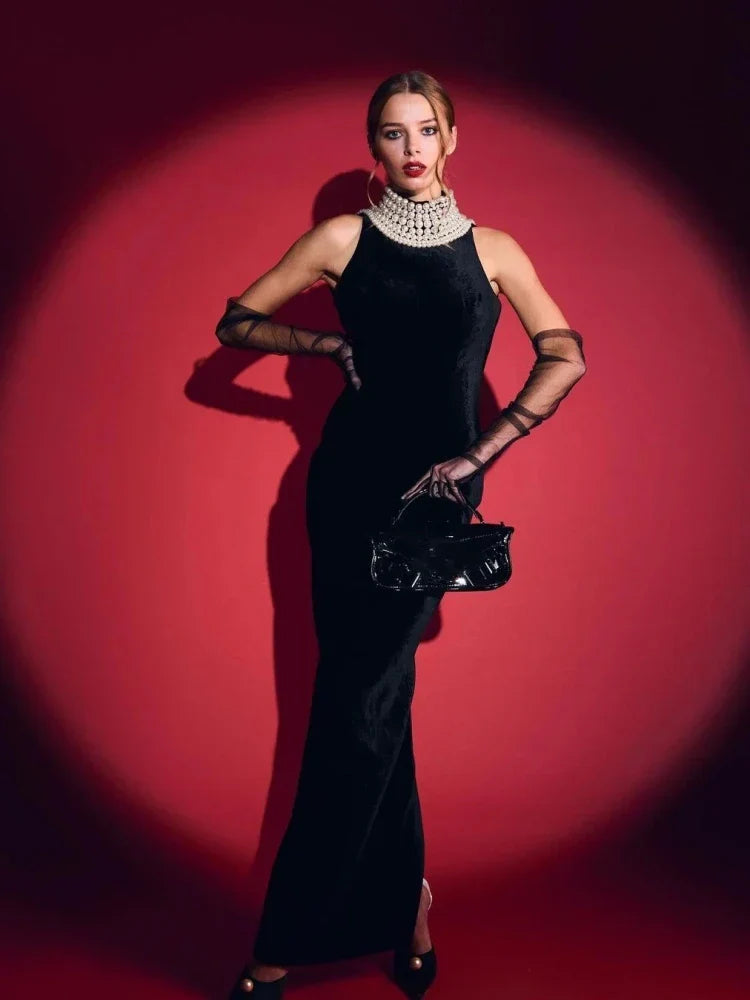Black Velvet Halter Neck Pearl Chain Long Dress Maxi Party