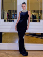 Black Velvet Halter Neck Pearl Chain Long Dress Maxi Party