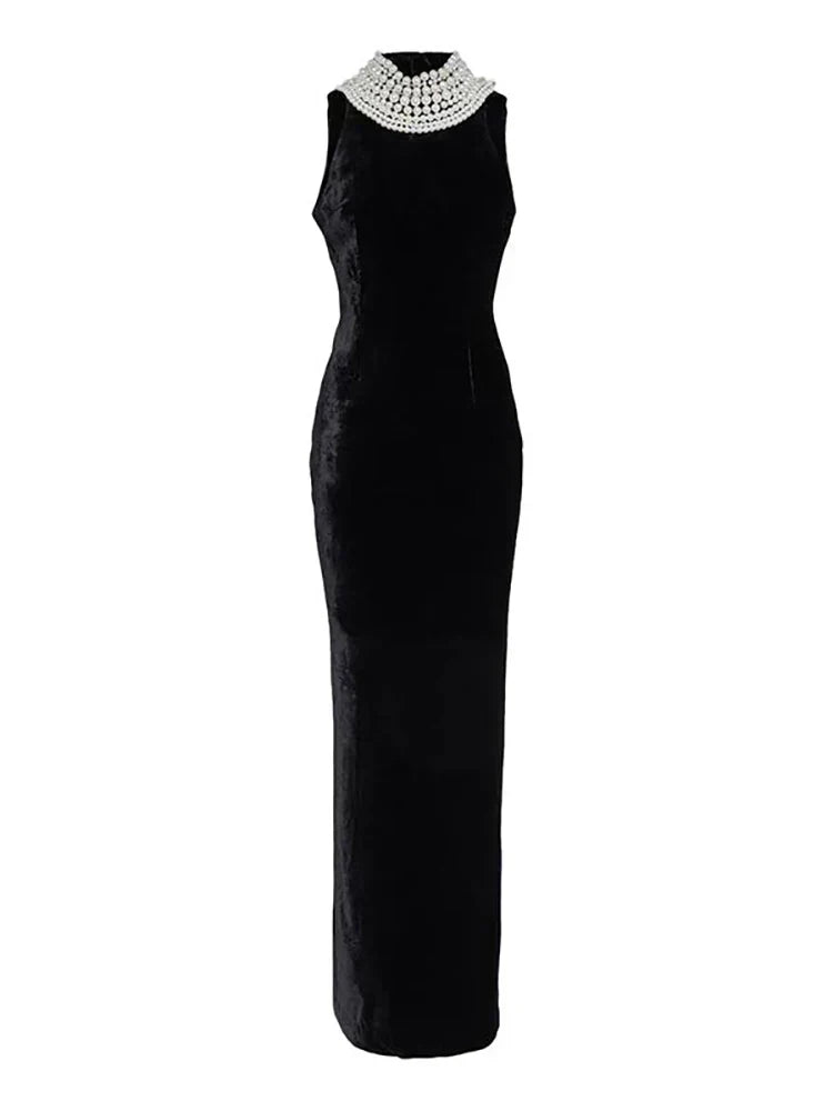 Black Velvet Halter Neck Pearl Chain Long Dress Maxi Party