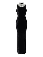 Black Velvet Halter Neck Pearl Chain Long Dress Maxi Party