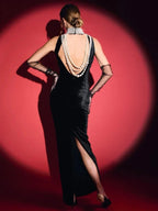 Black Velvet Halter Neck Pearl Chain Long Dress Maxi Party