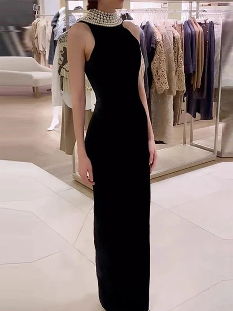 Black Velvet Halter Neck Pearl Chain Long Dress Maxi Party
