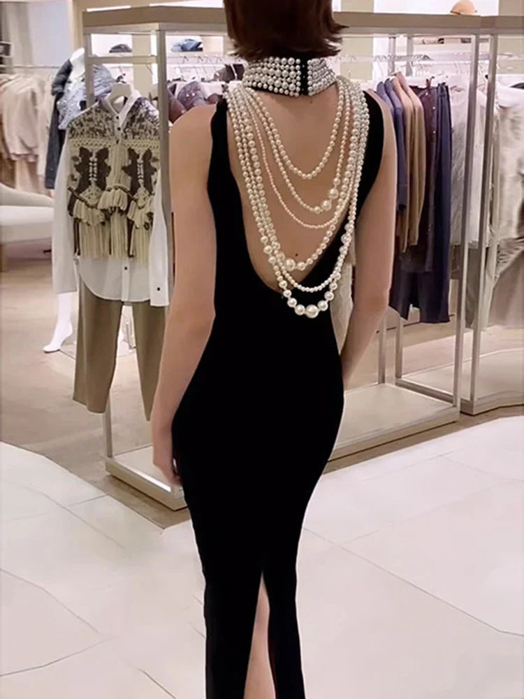 Black Velvet Halter Neck Pearl Chain Long Dress Maxi Party