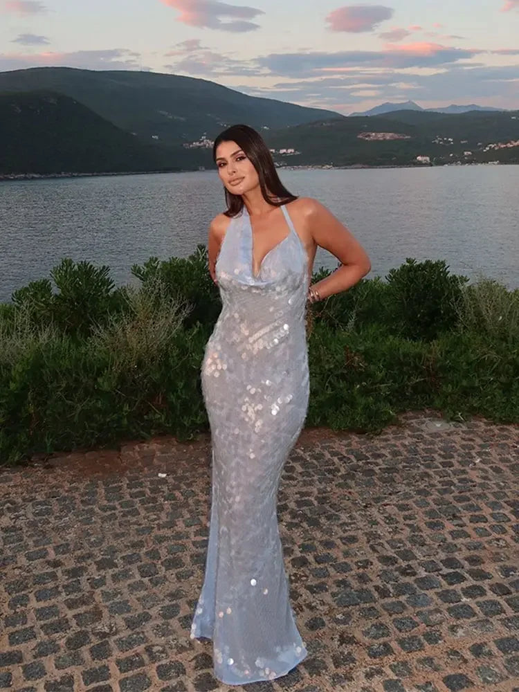 Glitter Sequinned Backless Maxi Halter Party Dress