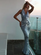 Glitter Sequinned Backless Maxi Halter Party Dress