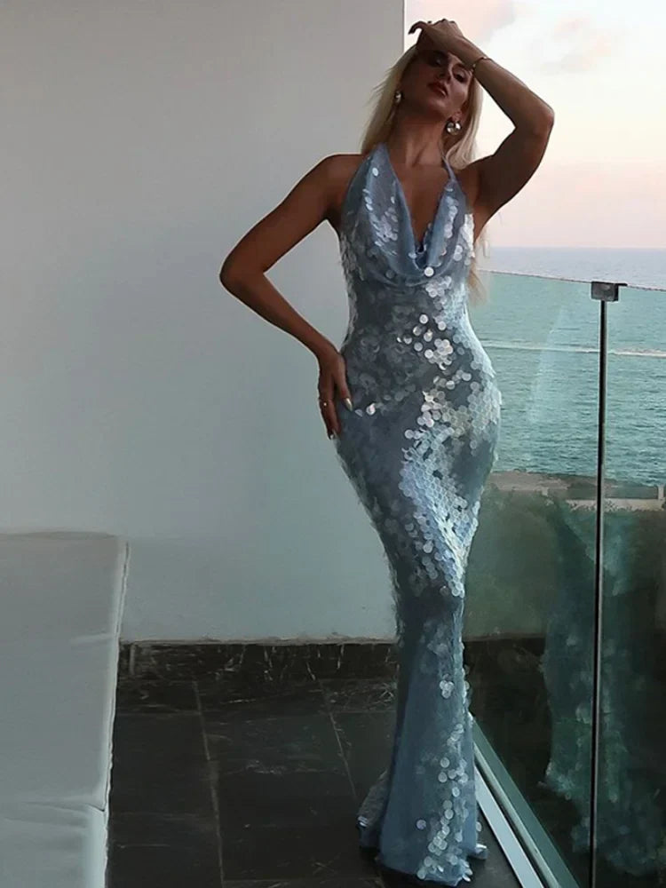 Glitter Sequinned Backless Maxi Halter Party Dress