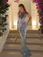 Glitter Sequinned Backless Maxi Halter Party Dress