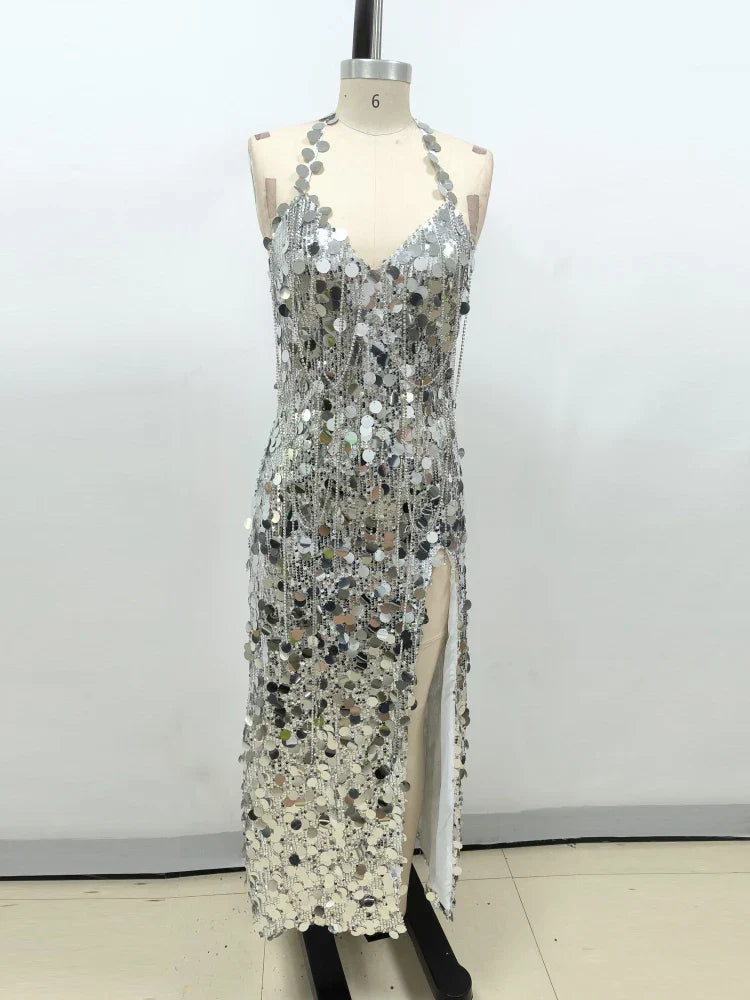 Halter Lace-Up V Neck Shiny Sequins Backless Silver Party Dress