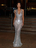 Halter Neck Lace-Up Sparkly Sequins Silver Black Backless Party Dress