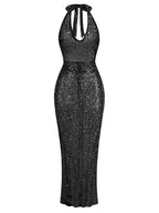 Halter Neck Lace-Up Sparkly Sequins Silver Black Backless Party Dress