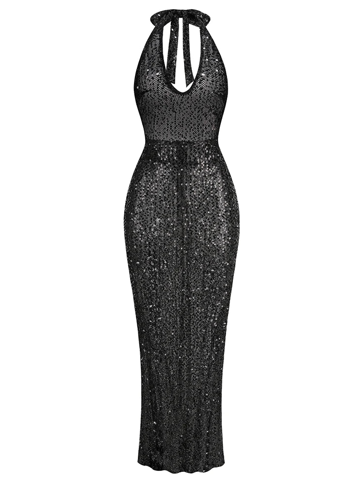 Halter Neck Lace-Up Sparkly Sequins Silver Black Backless Party Dress