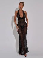Halter Neck Lace-Up Sparkly Sequins Silver Black Backless Party Dress