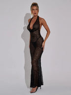 Halter Neck Lace-Up Sparkly Sequins Silver Black Backless Party Dress