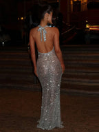 Halter Neck Lace-Up Sparkly Sequins Silver Black Backless Party Dress