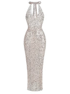 Halter Neck Lace-Up Sparkly Sequins Silver Black Backless Party Dress