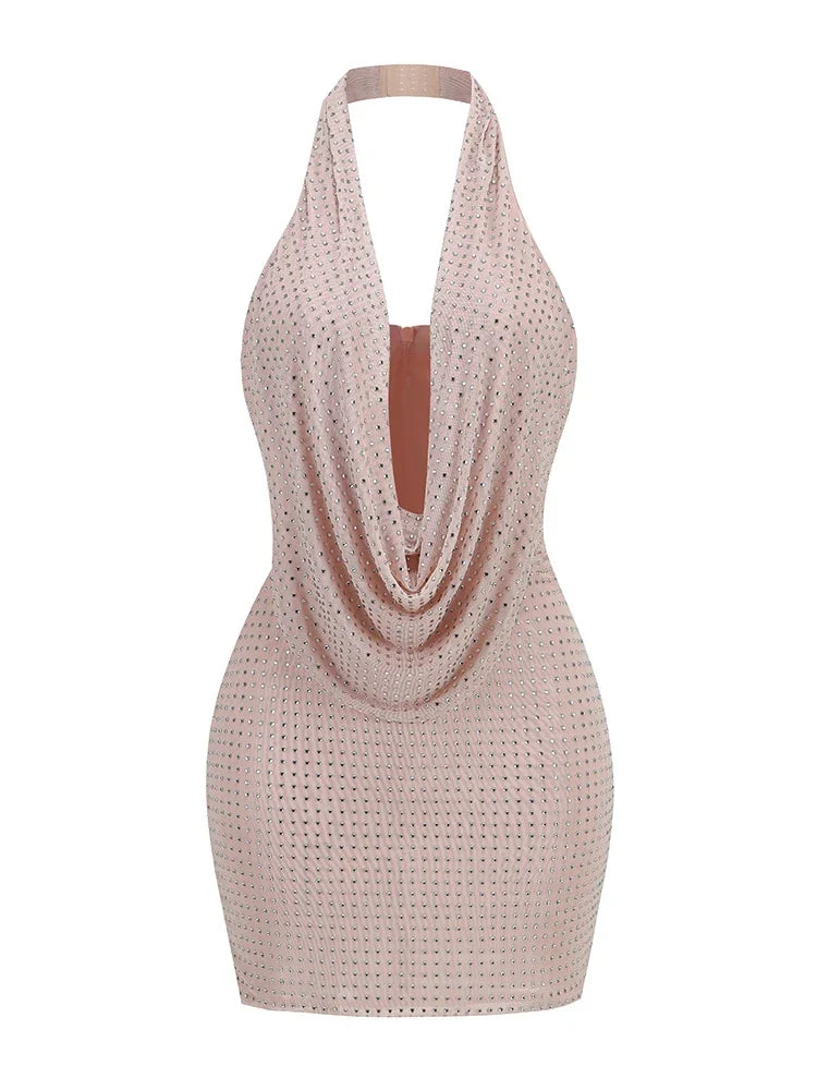 Halter Neck Low Cut Diamonds Mini Nude Party Dress