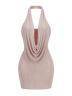 Halter Neck Low Cut Diamonds Mini Nude Party Dress